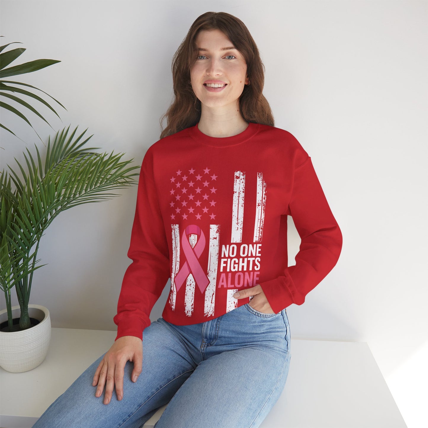 No One Fights Breast Cancer Alone American Flag Pink Ribbon Sweatshirt