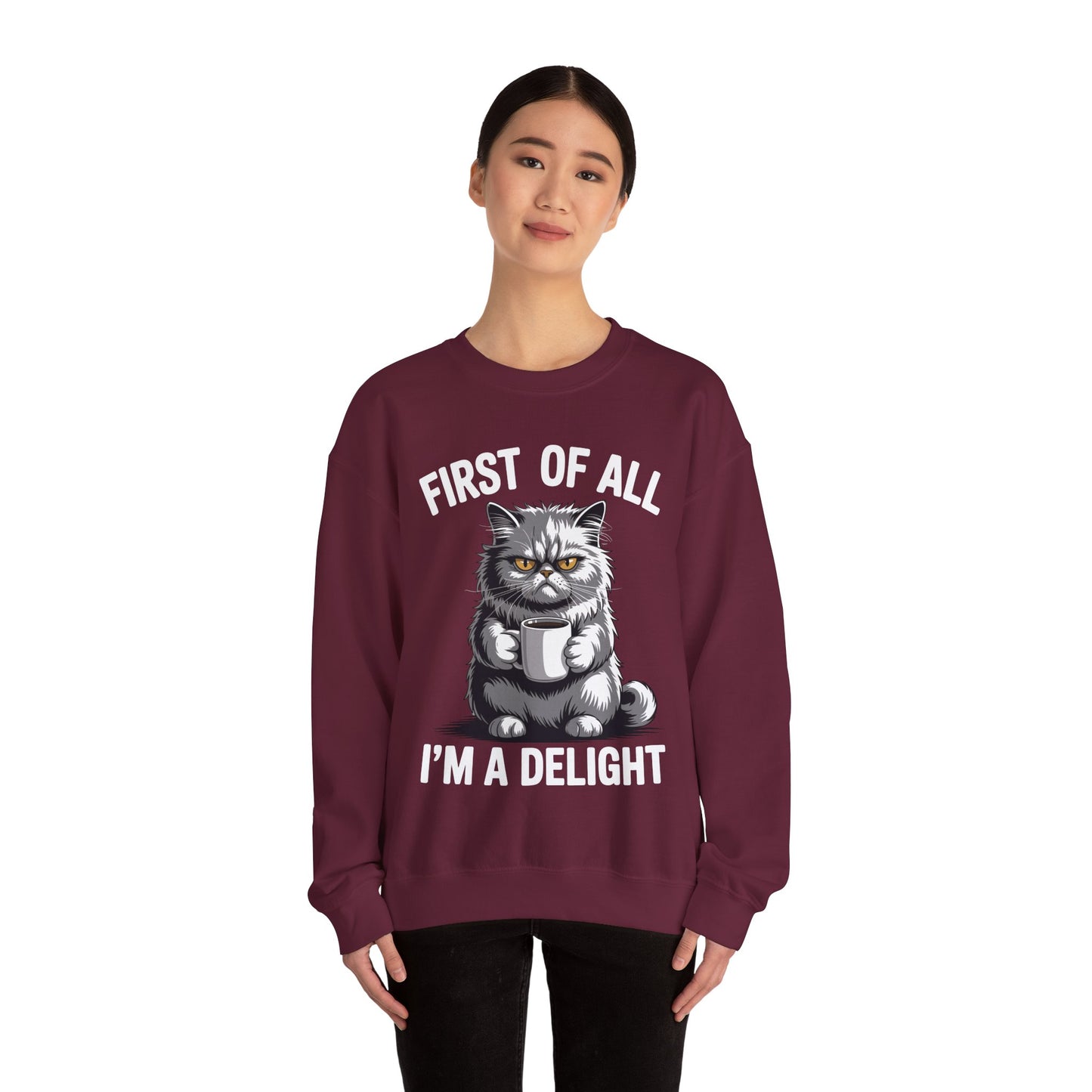First Of All I'm A Delight Sarcastic Angry Cat Coffee Lover Sweatshirt for Men Women
