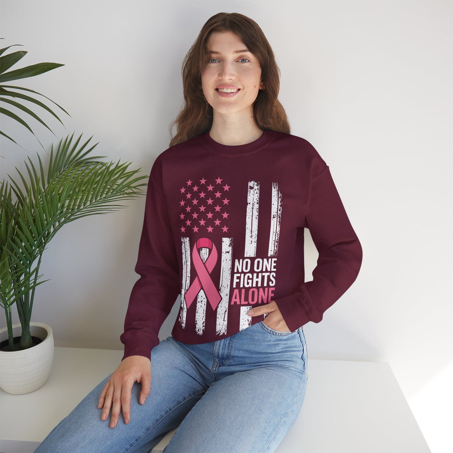 No One Fights Breast Cancer Alone American Flag Pink Ribbon Sweatshirt