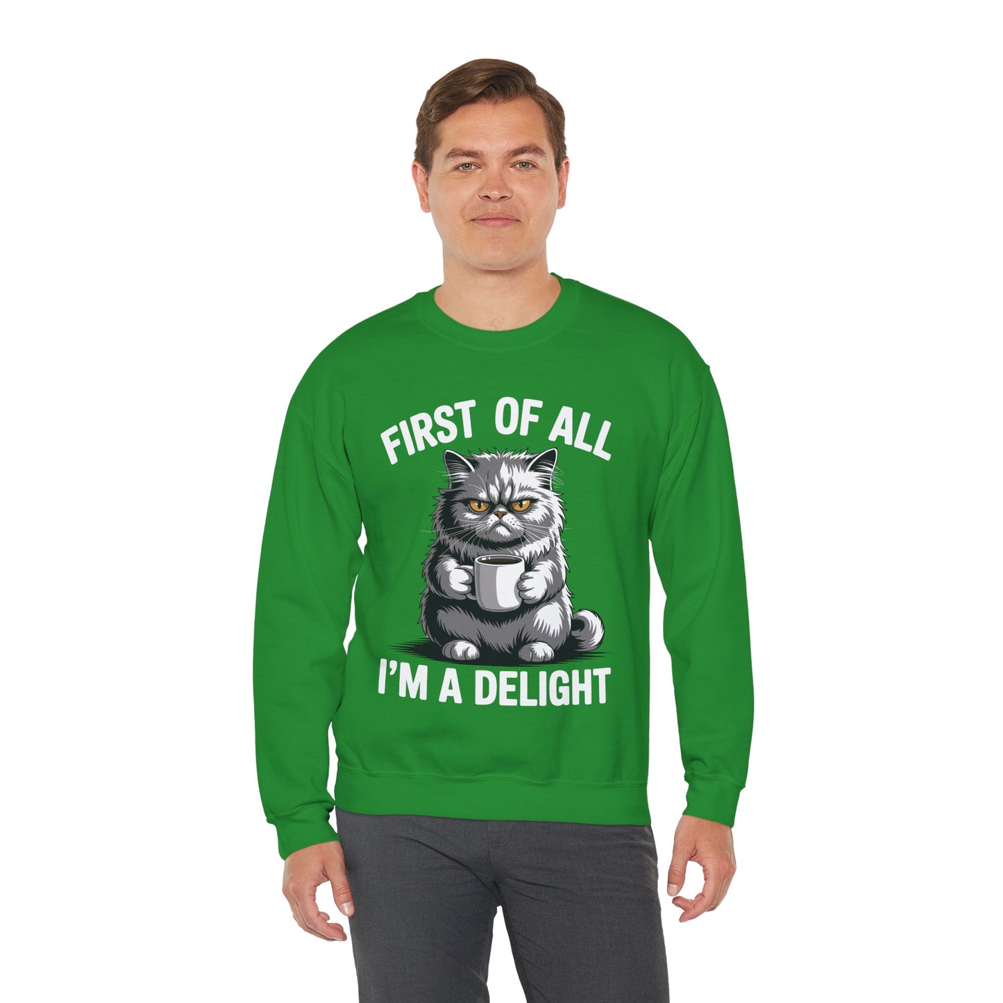 First Of All I'm A Delight Sarcastic Angry Cat Coffee Lover Sweatshirt for Men Women