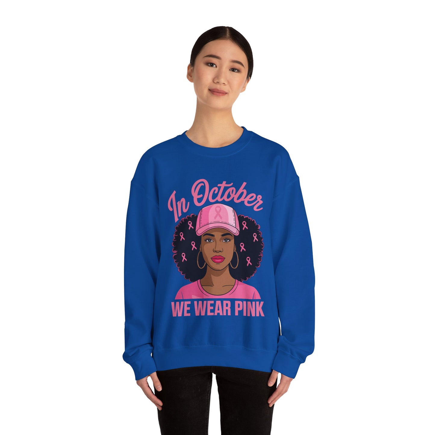 in October We Wear Pink Black Women Breast Cancer Awareness Sweatshirt