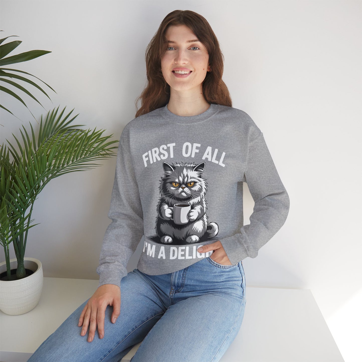 First Of All I'm A Delight Sarcastic Angry Cat Coffee Lover Sweatshirt for Men Women