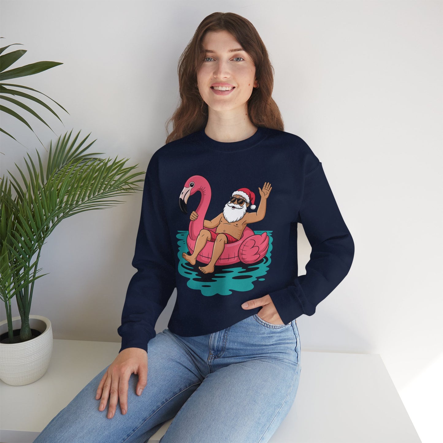 Santa Flamingo Floatie Funny Christmas In July Summer Xmas Sweatshirt