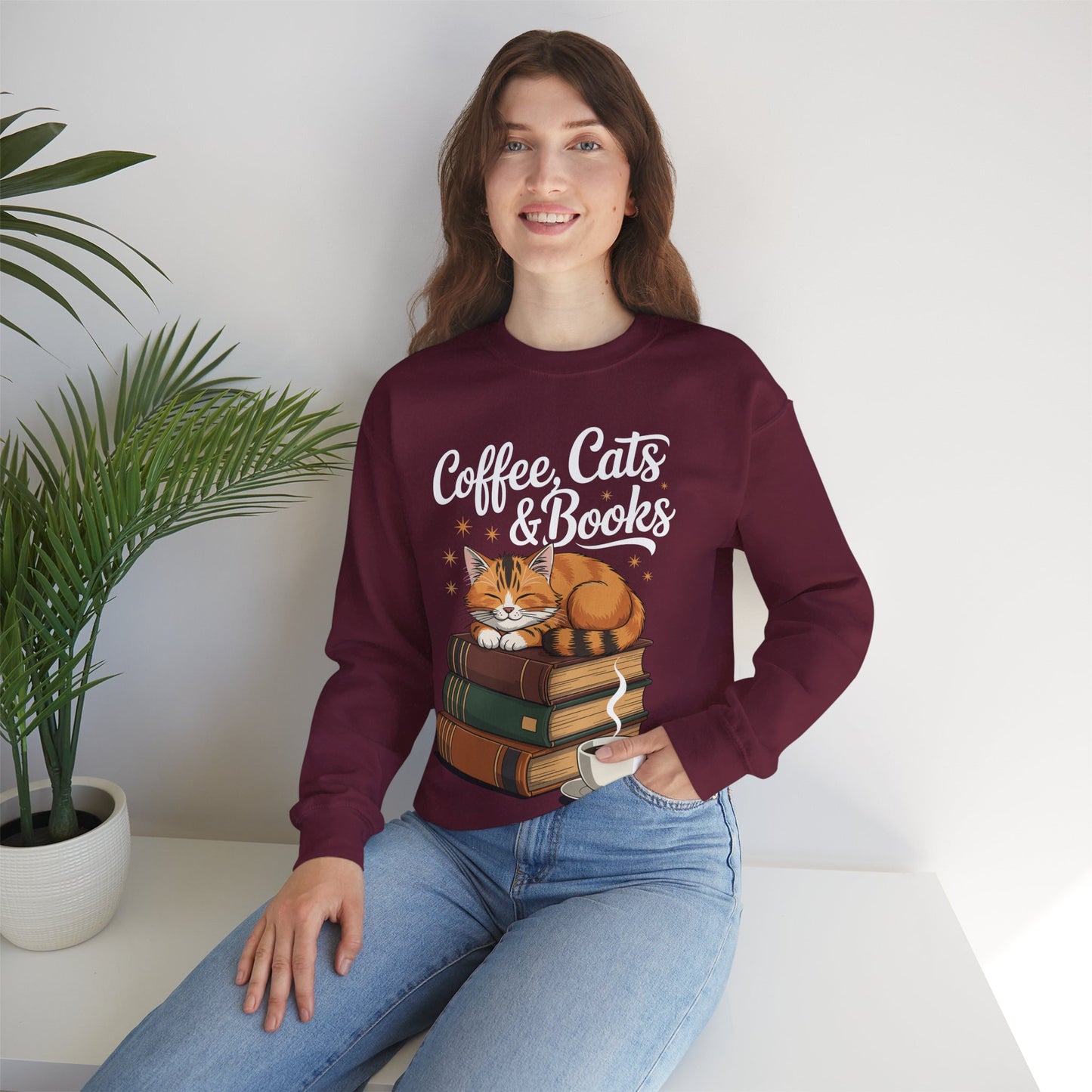 Coffee Cats & Books Lover, For Women & Girls, Funny Coffee Sweatshirt