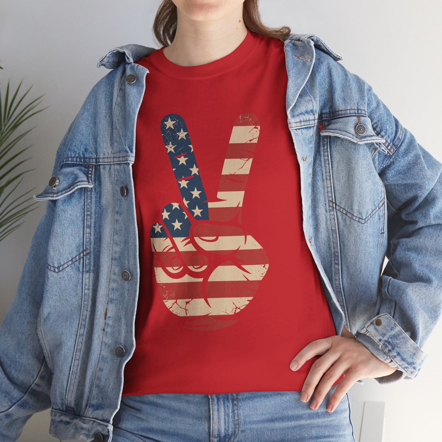 USA Flag Peace Sign Hand 4th of July Patriotic Men Boys T-Shirt