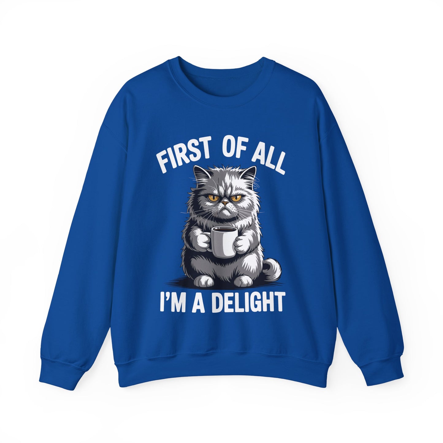 First Of All I'm A Delight Sarcastic Angry Cat Coffee Lover Sweatshirt for Men Women