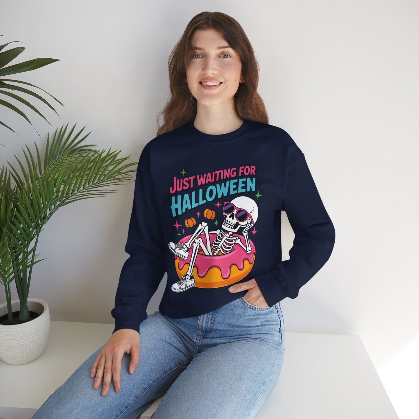 Just Waiting For Halloween Skeleton Donut Summerween Vibes Sweatshirt