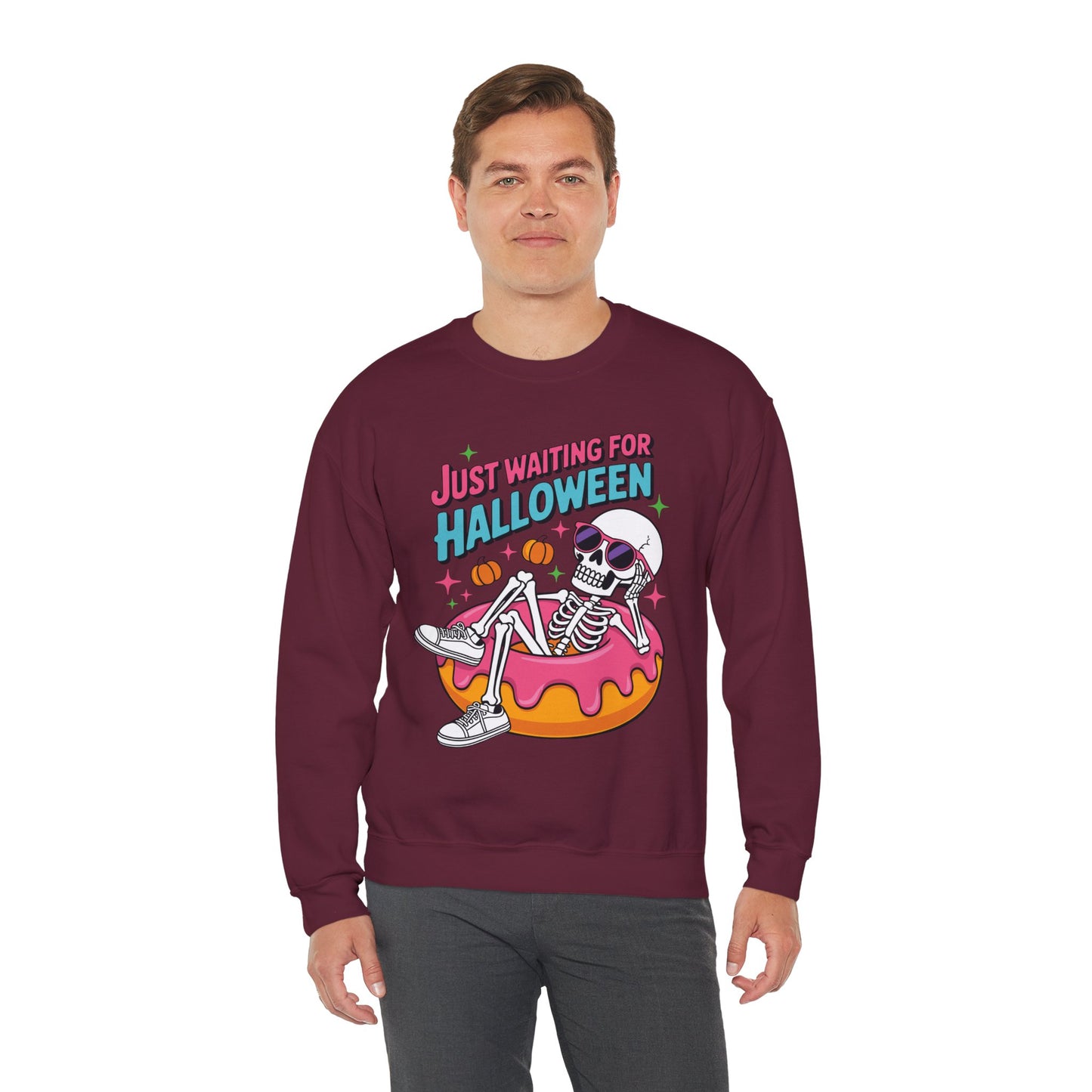 Just Waiting For Halloween Skeleton Donut Summerween Vibes Sweatshirt
