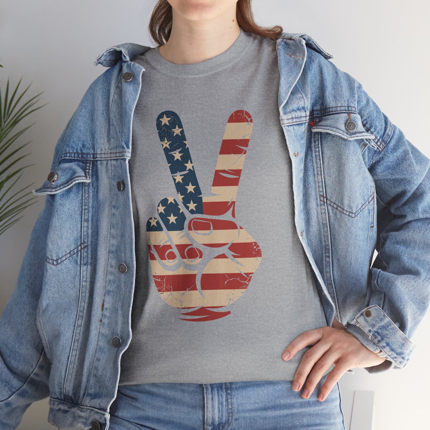 USA Flag Peace Sign Hand 4th of July Patriotic Men Boys T-Shirt