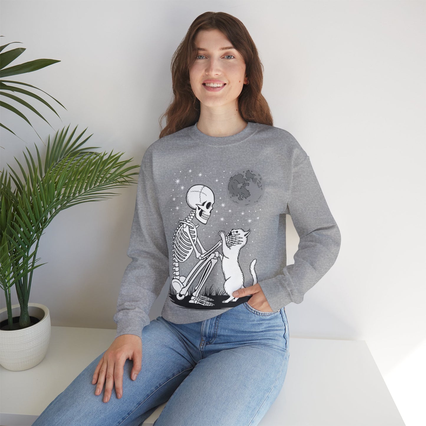 Skeleton Cat Skull Kitty Cute Goth Halloween Men Women Sweatshirt