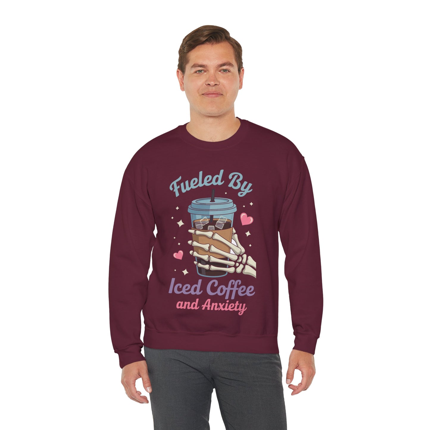Fueled by Iced Coffee and Anxiety Funny Coffee Lover Sweatshirt