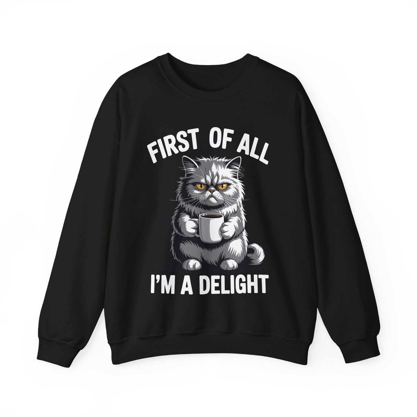 First Of All I'm A Delight Sarcastic Angry Cat Coffee Lover Sweatshirt for Men Women