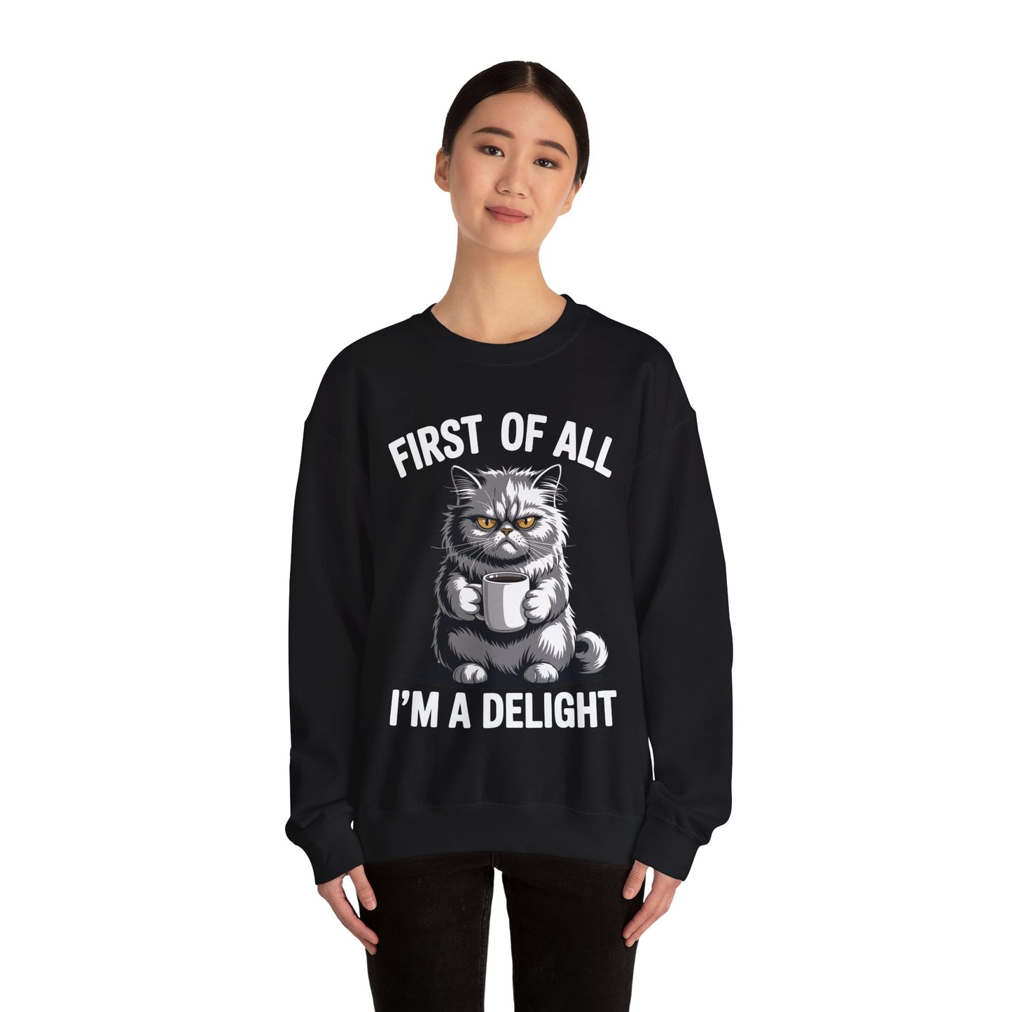 First Of All I'm A Delight Sarcastic Angry Cat Coffee Lover Sweatshirt for Men Women