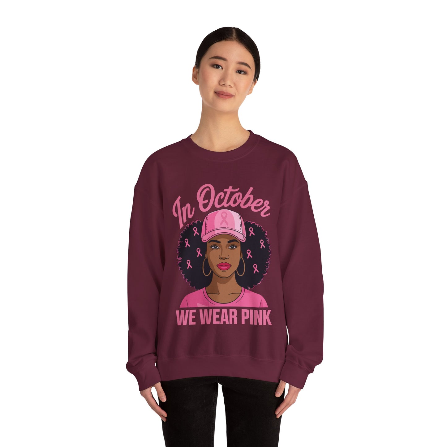 in October We Wear Pink Black Women Breast Cancer Awareness Sweatshirt
