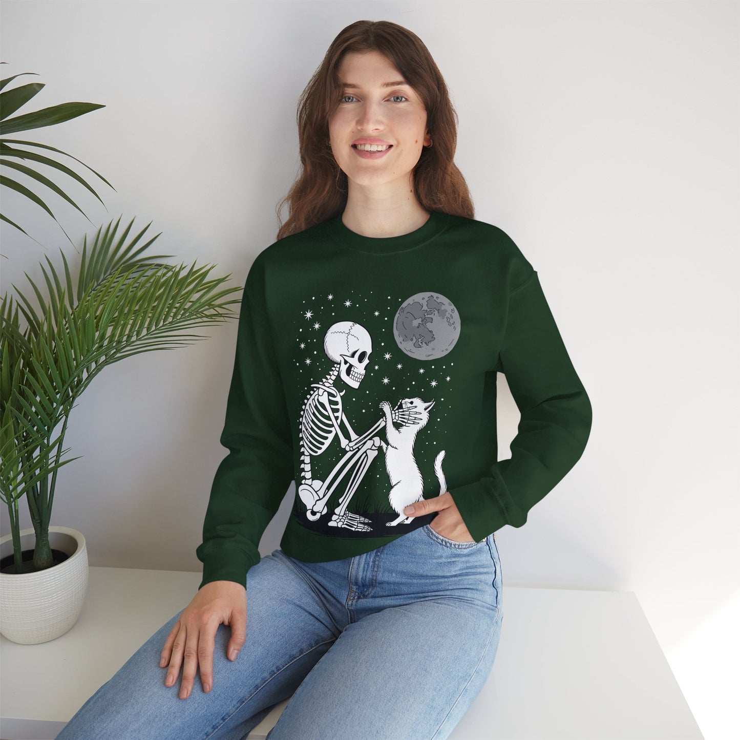 Skeleton Cat Skull Kitty Cute Goth Halloween Men Women Sweatshirt