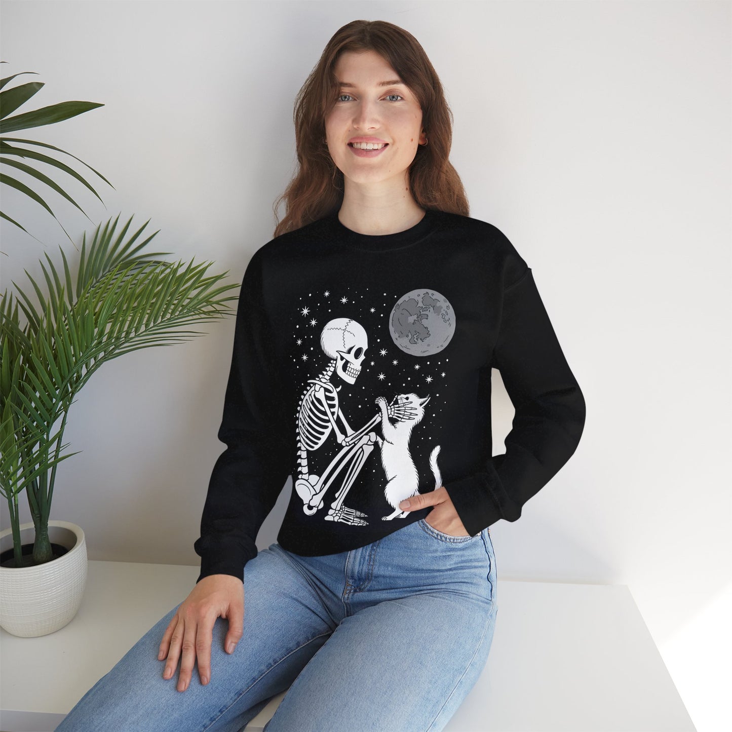 Skeleton Cat Skull Kitty Cute Goth Halloween Men Women Sweatshirt