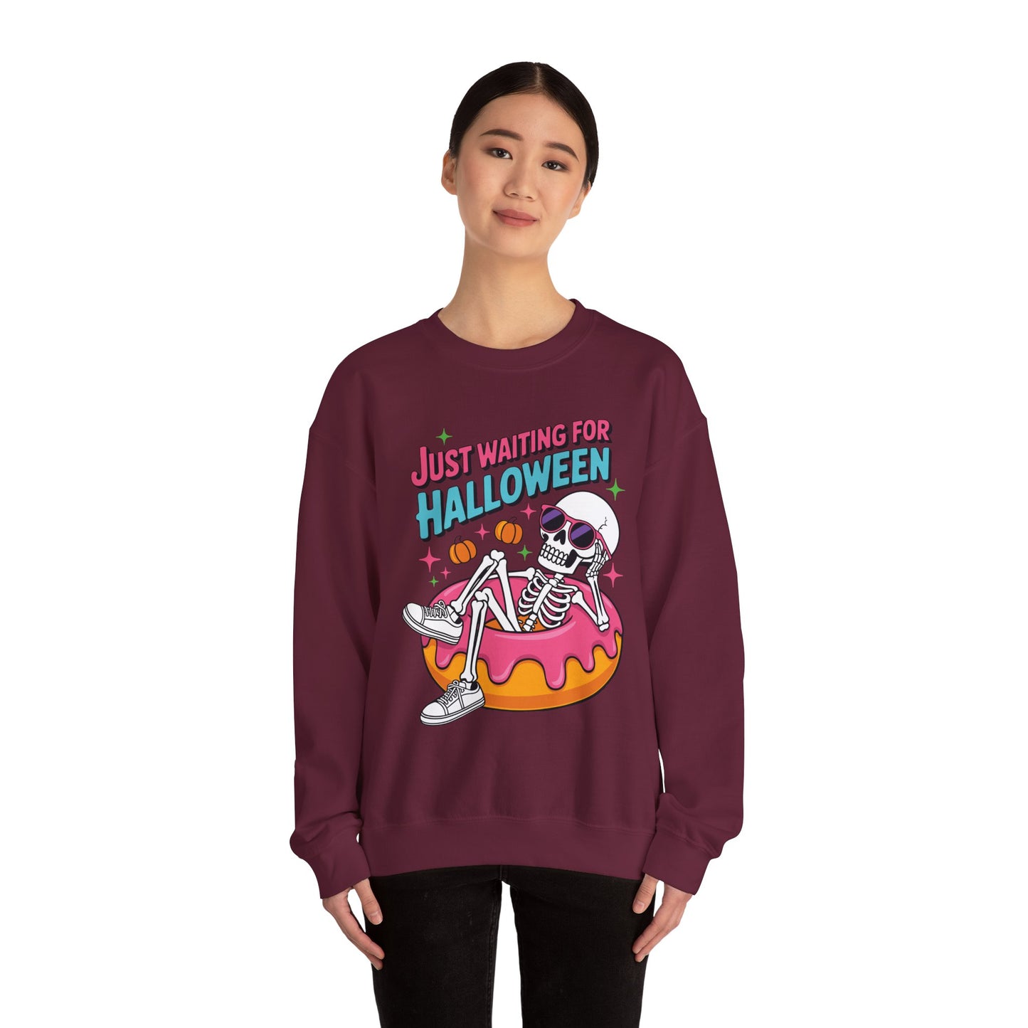 Just Waiting For Halloween Skeleton Donut Summerween Vibes Sweatshirt