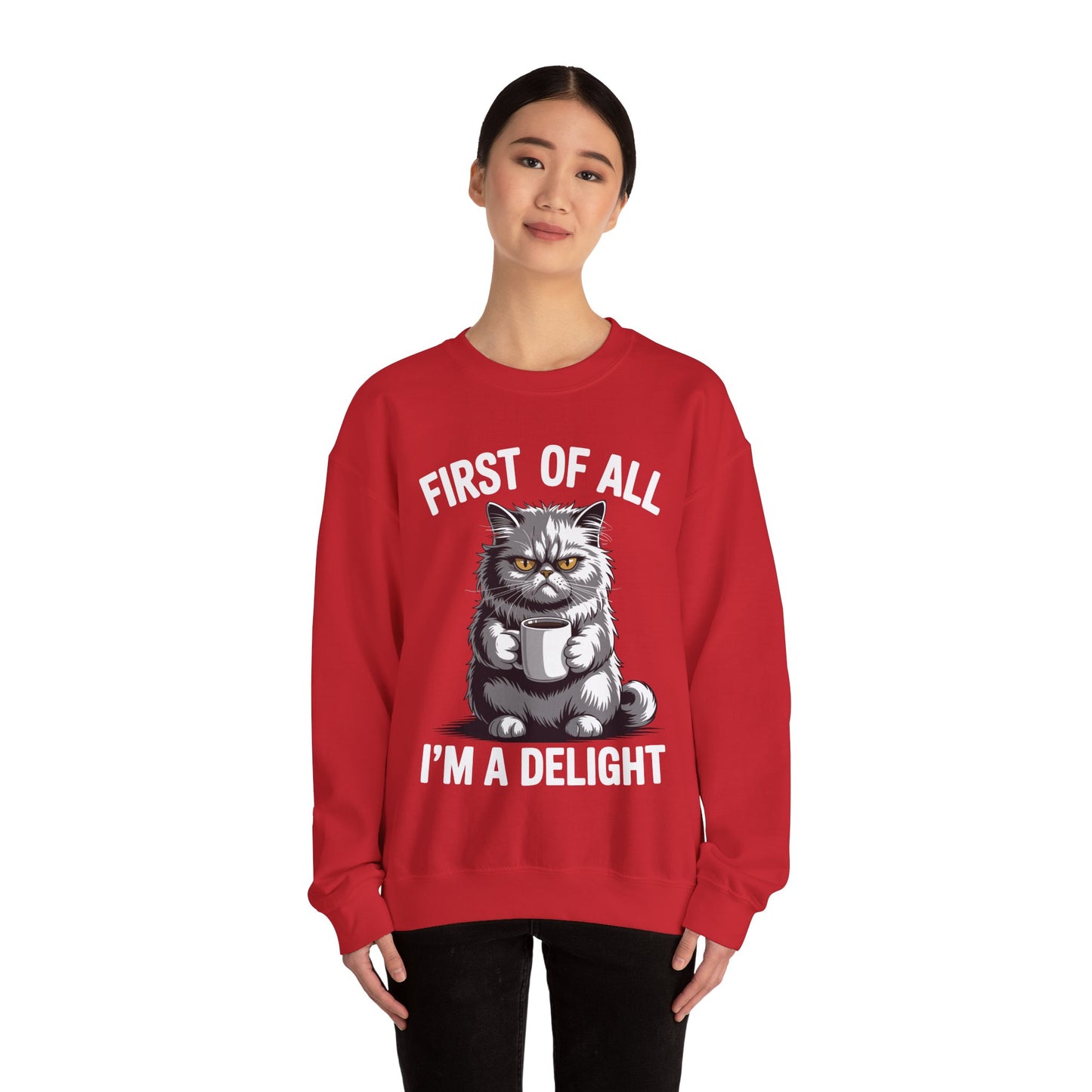 First Of All I'm A Delight Sarcastic Angry Cat Coffee Lover Sweatshirt for Men Women