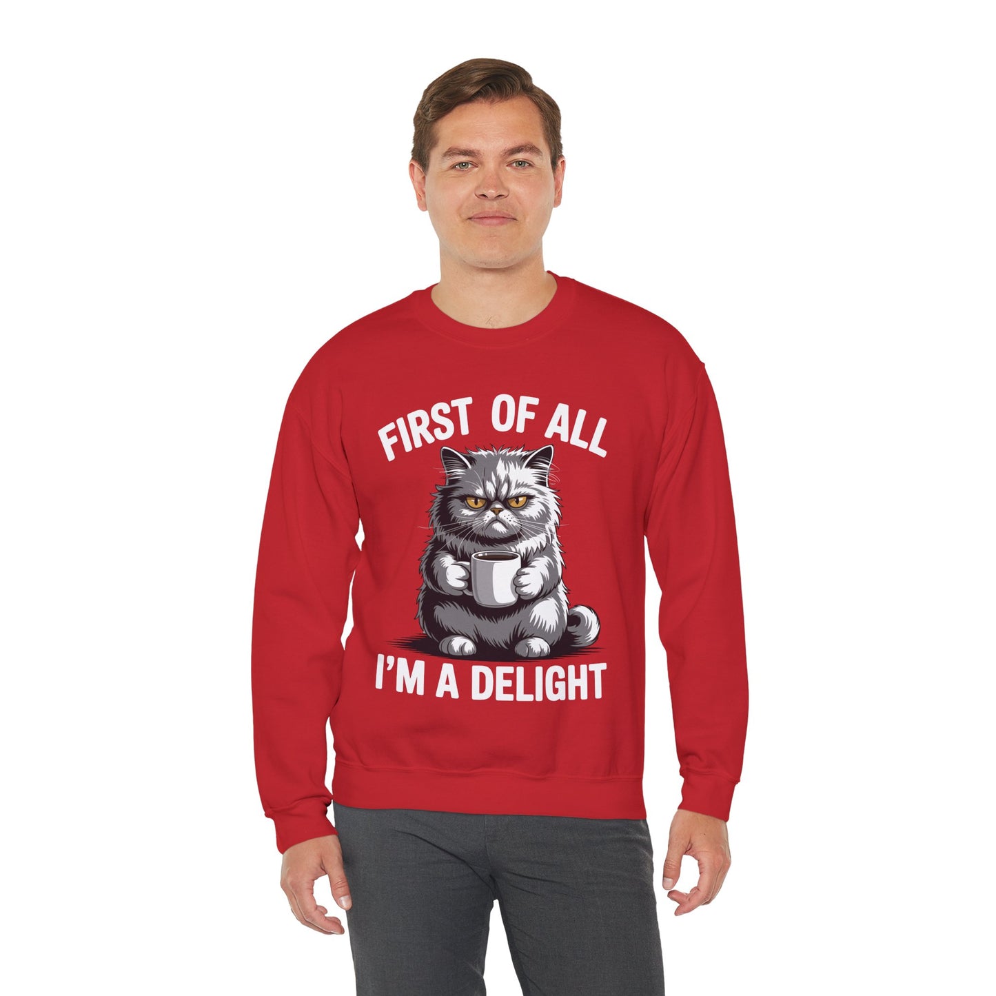 First Of All I'm A Delight Sarcastic Angry Cat Coffee Lover Sweatshirt for Men Women