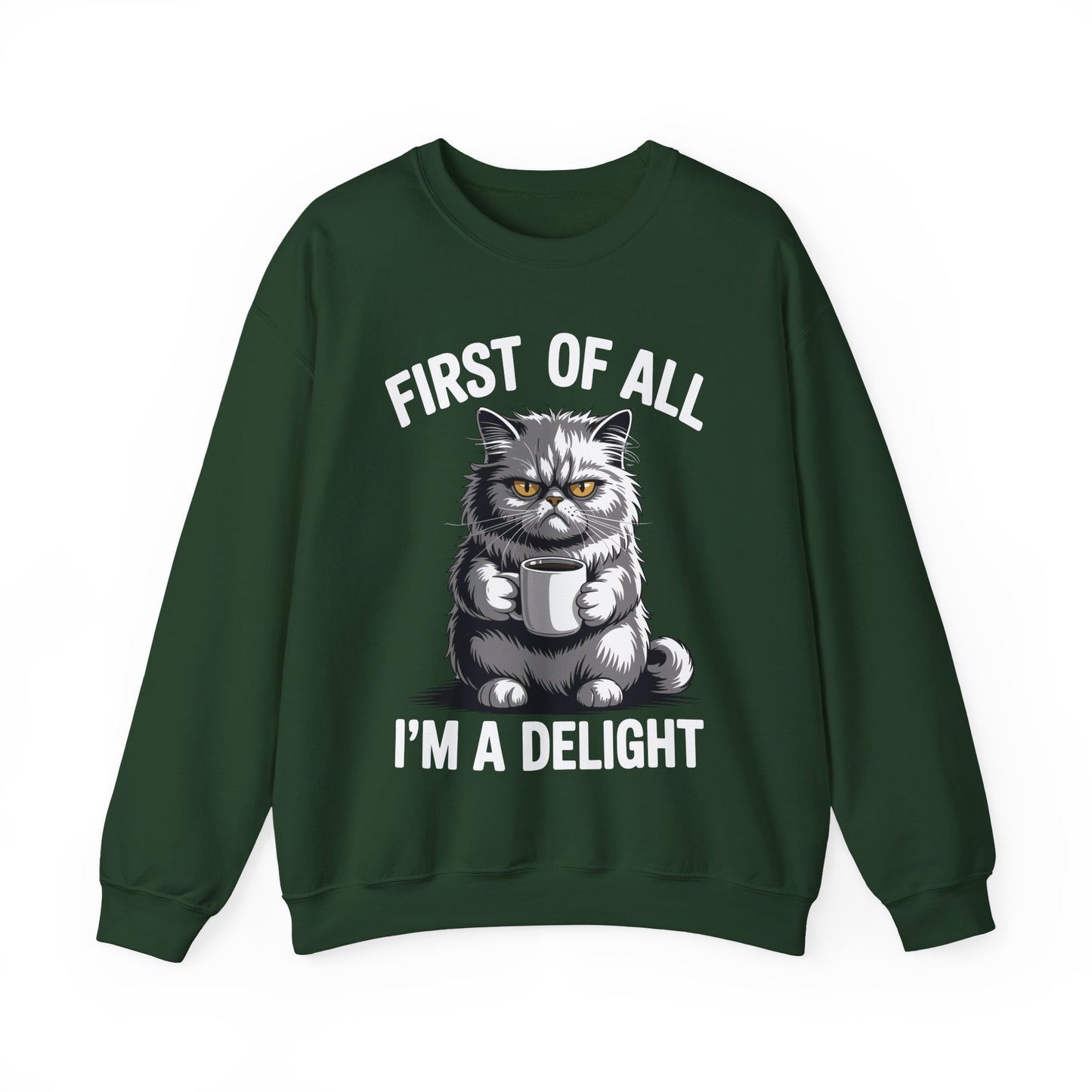 First Of All I'm A Delight Sarcastic Angry Cat Coffee Lover Sweatshirt for Men Women