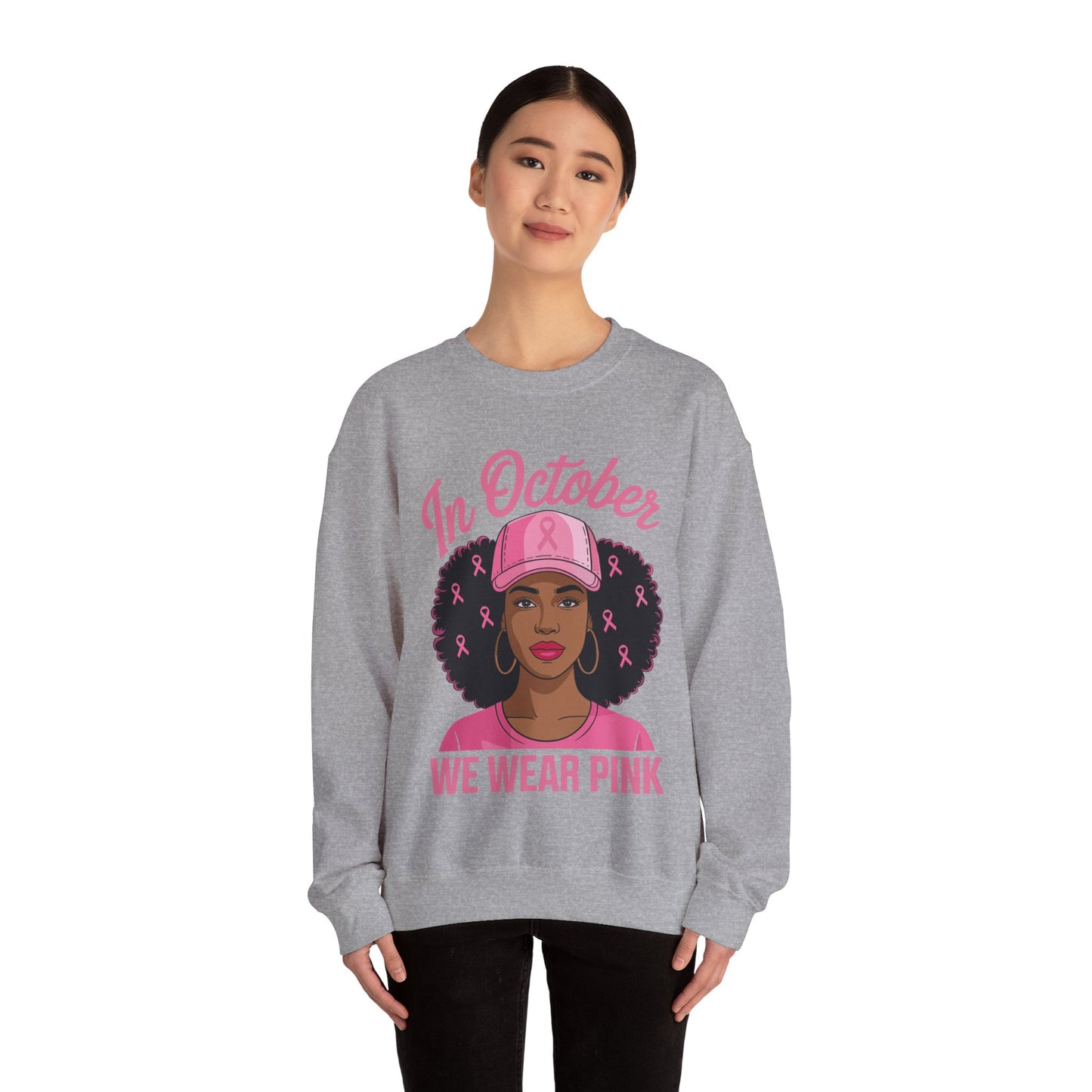 in October We Wear Pink Black Women Breast Cancer Awareness Sweatshirt