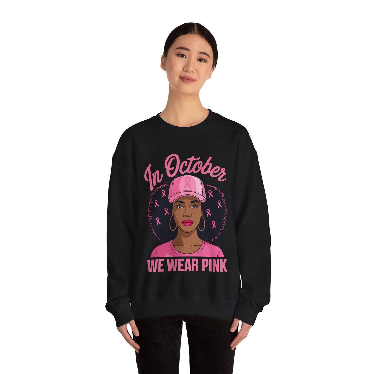 in October We Wear Pink Black Women Breast Cancer Awareness Sweatshirt