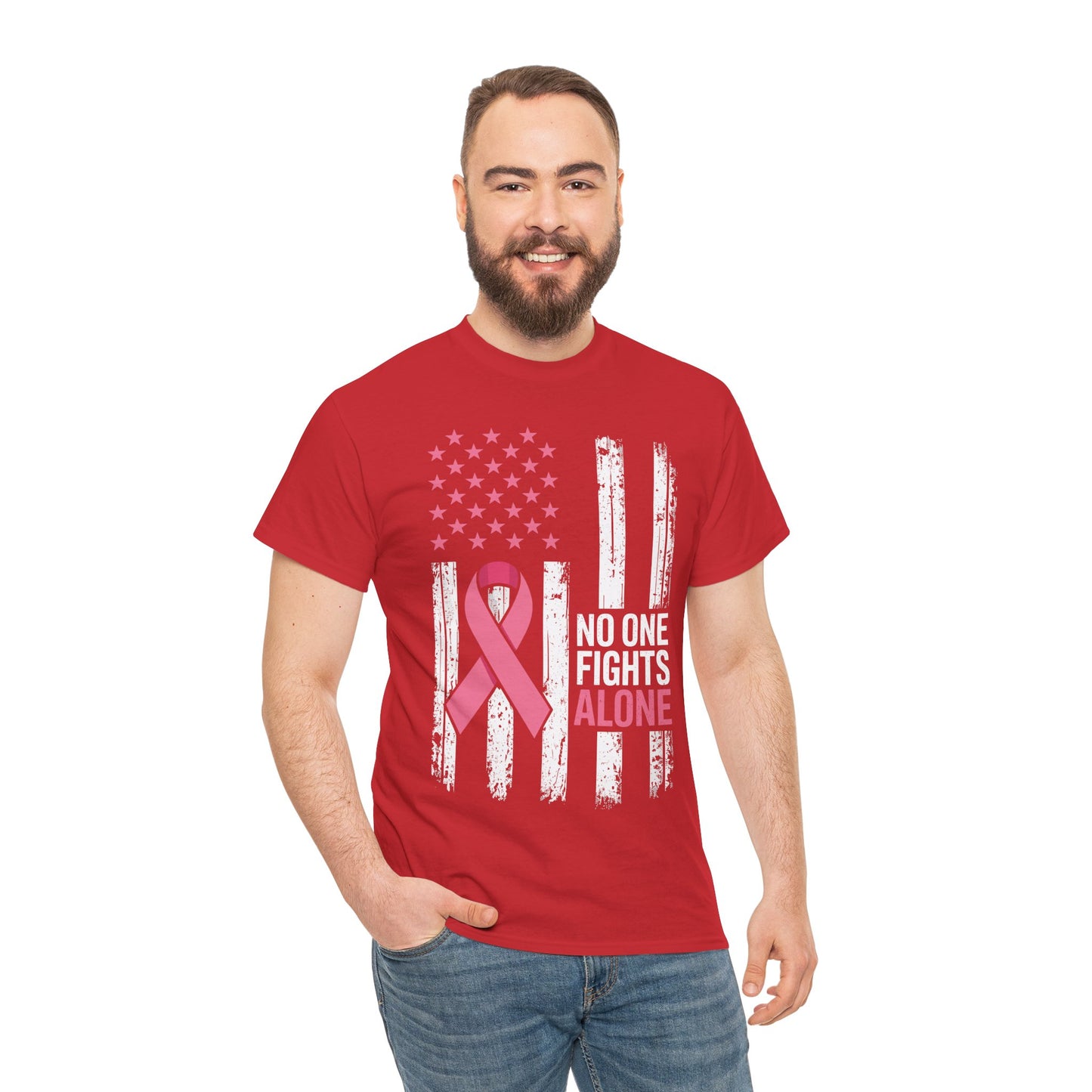 No One Fights Breast Cancer Alone American Flag Pink Ribbon T-Shirt