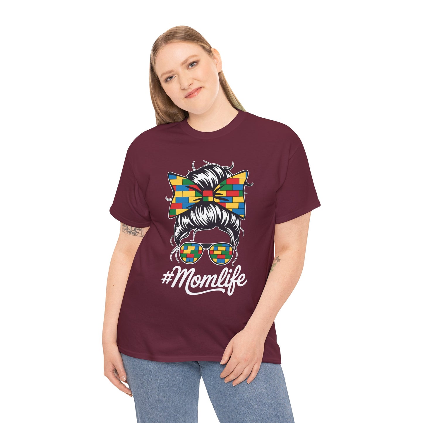 Building Block Messy Bun Mom Life Master Builder Mothers Day T-Shirt