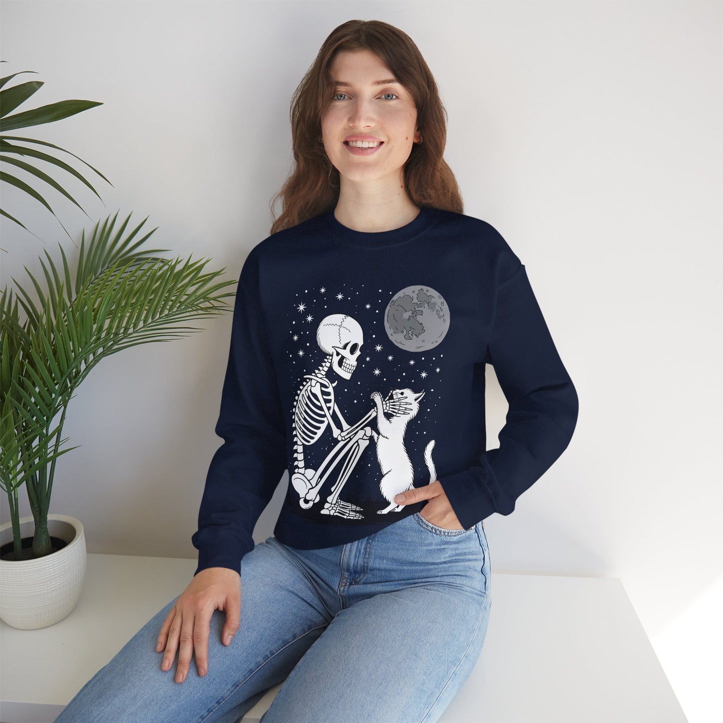 Skeleton Cat Skull Kitty Cute Goth Halloween Men Women Sweatshirt