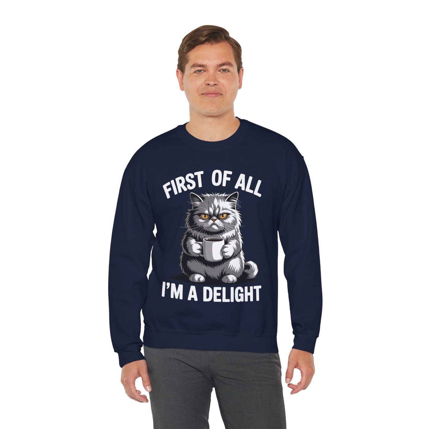 First Of All I'm A Delight Sarcastic Angry Cat Coffee Lover Sweatshirt for Men Women