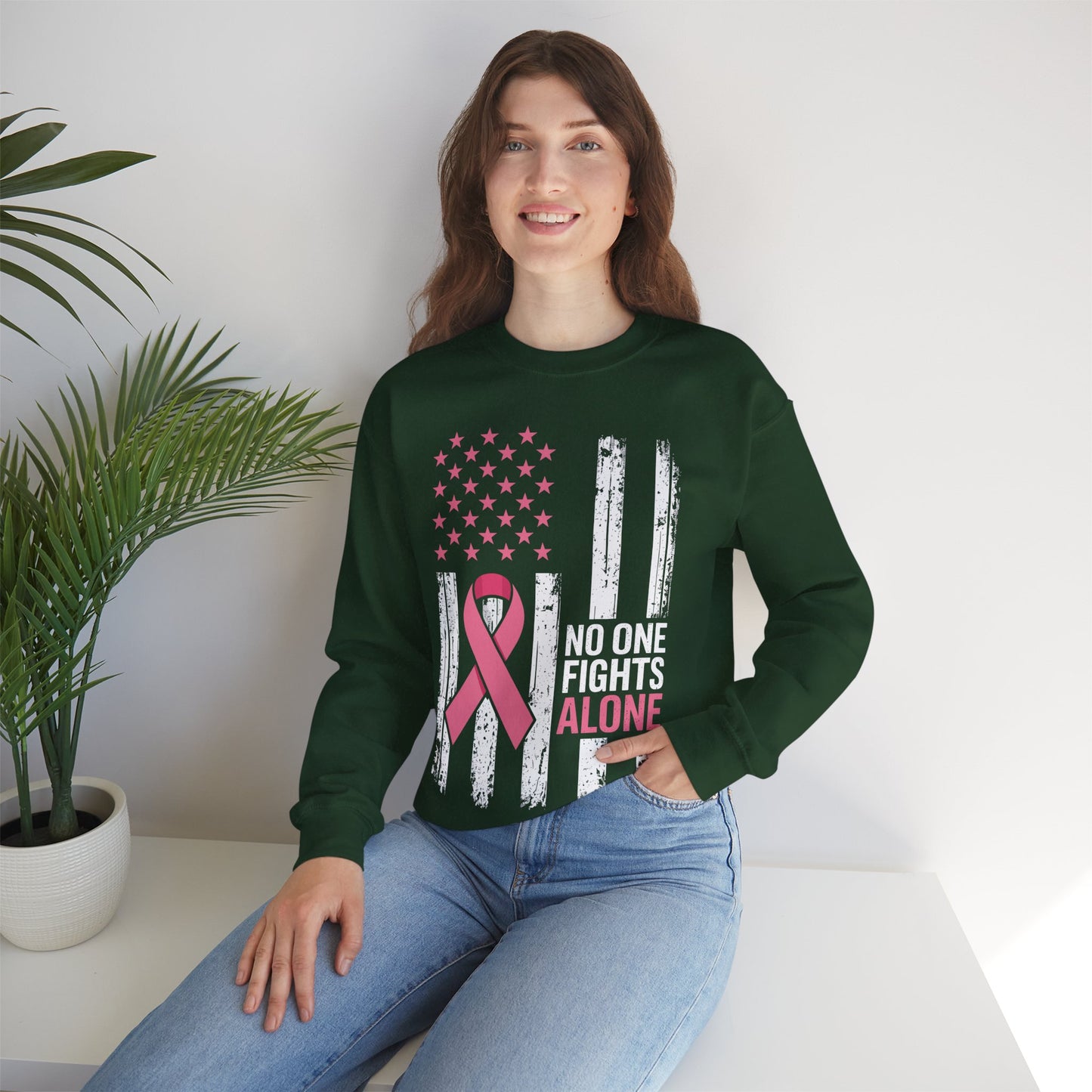 No One Fights Breast Cancer Alone American Flag Pink Ribbon Sweatshirt
