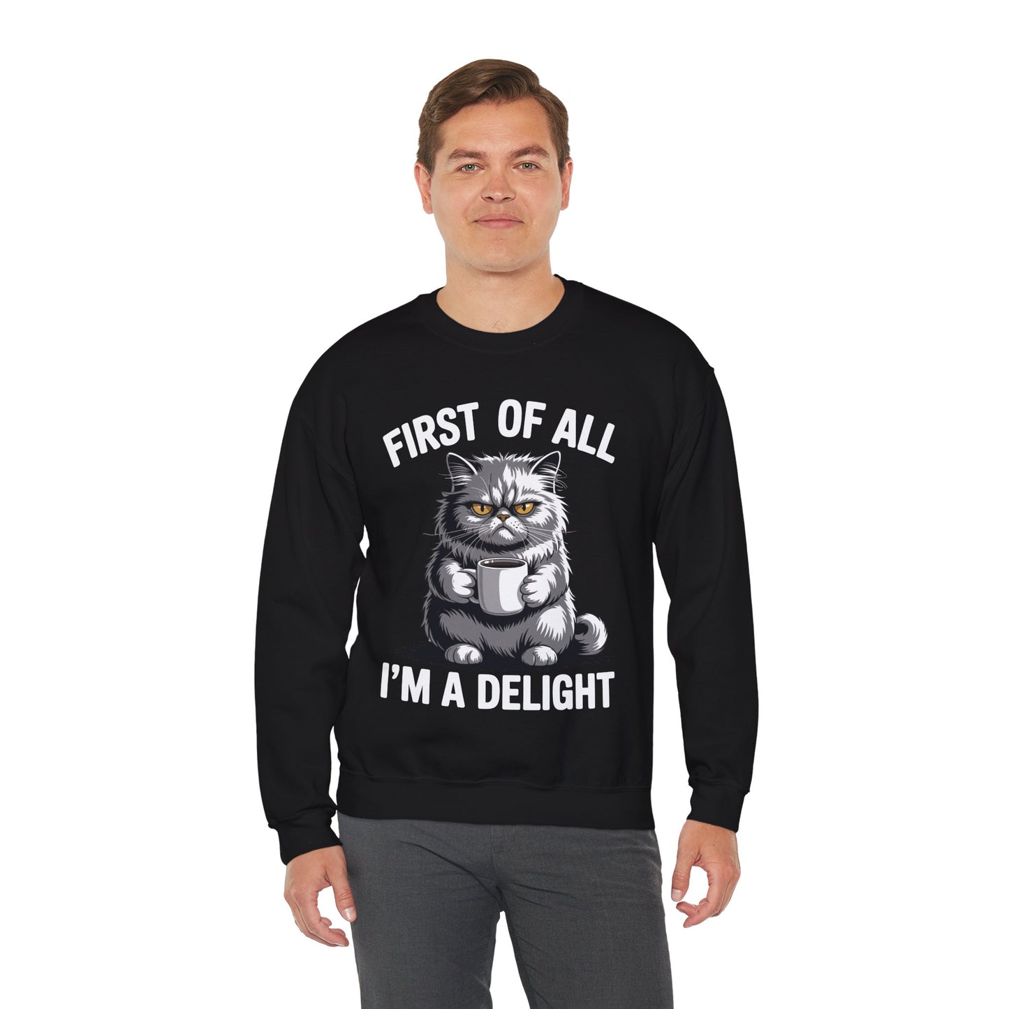 First Of All I'm A Delight Sarcastic Angry Cat Coffee Lover Sweatshirt for Men Women