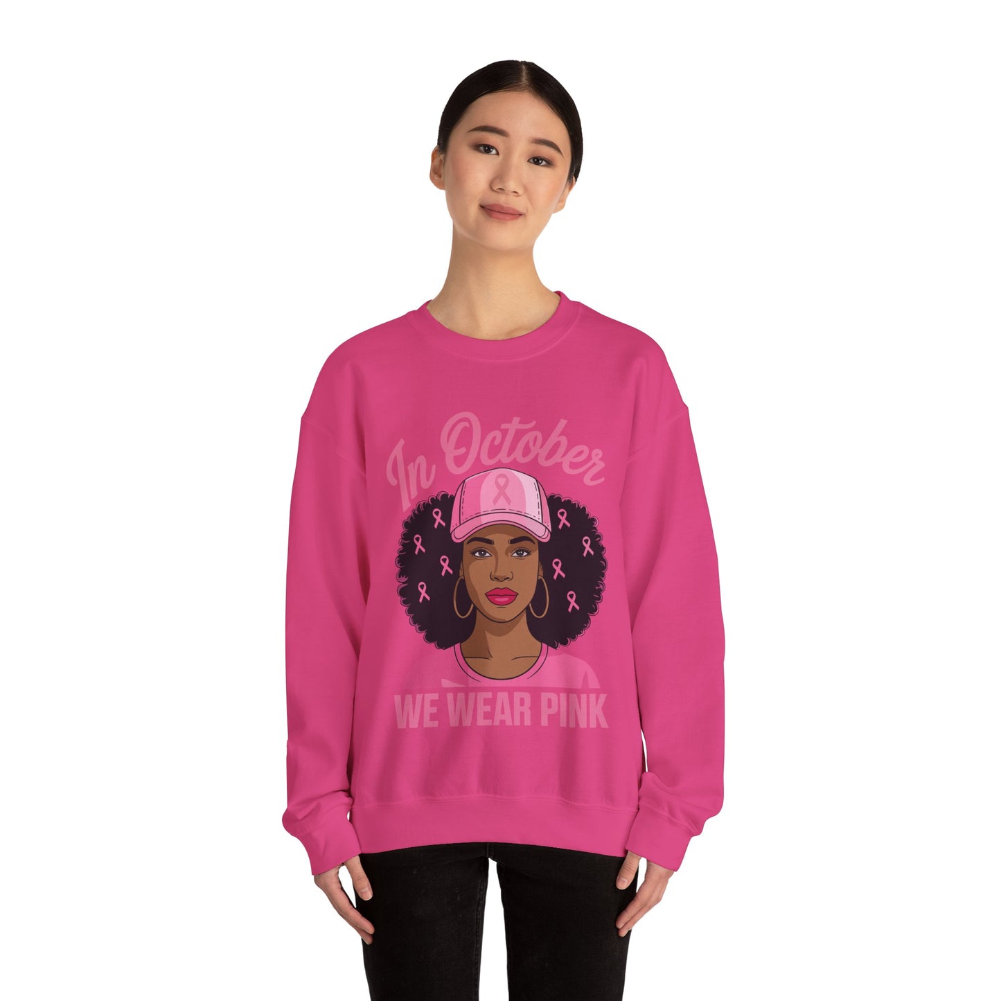 in October We Wear Pink Black Women Breast Cancer Awareness Sweatshirt