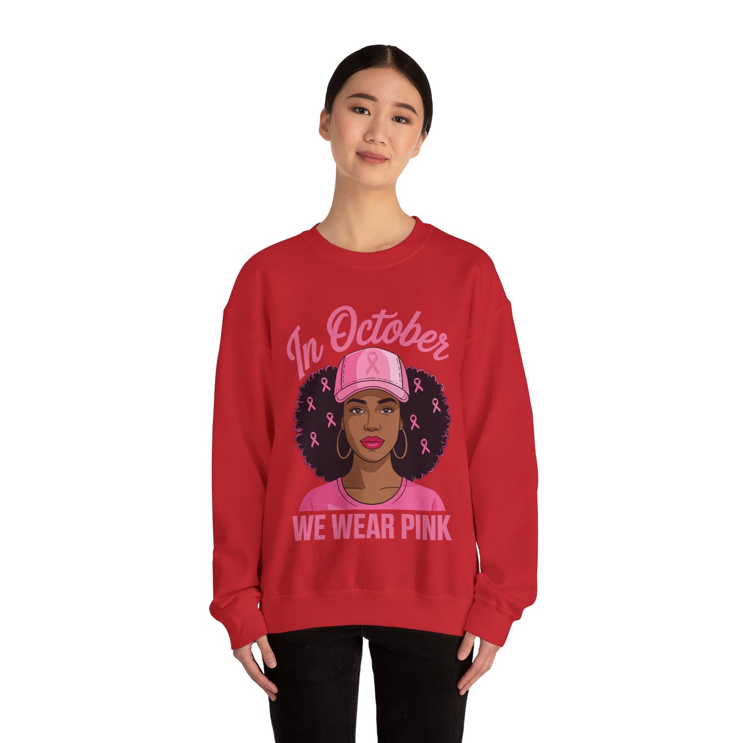 in October We Wear Pink Black Women Breast Cancer Awareness Sweatshirt