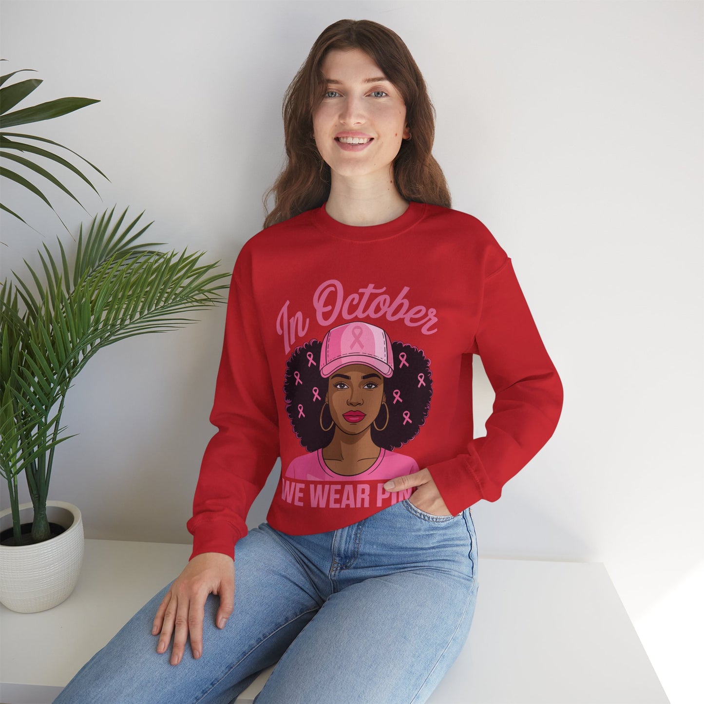 in October We Wear Pink Black Women Breast Cancer Awareness Sweatshirt