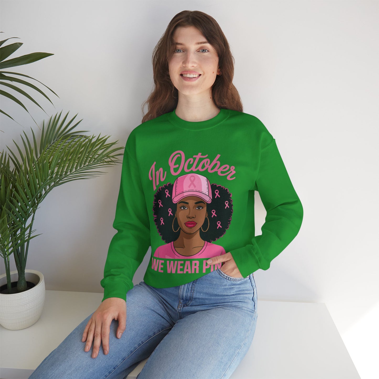 in October We Wear Pink Black Women Breast Cancer Awareness Sweatshirt