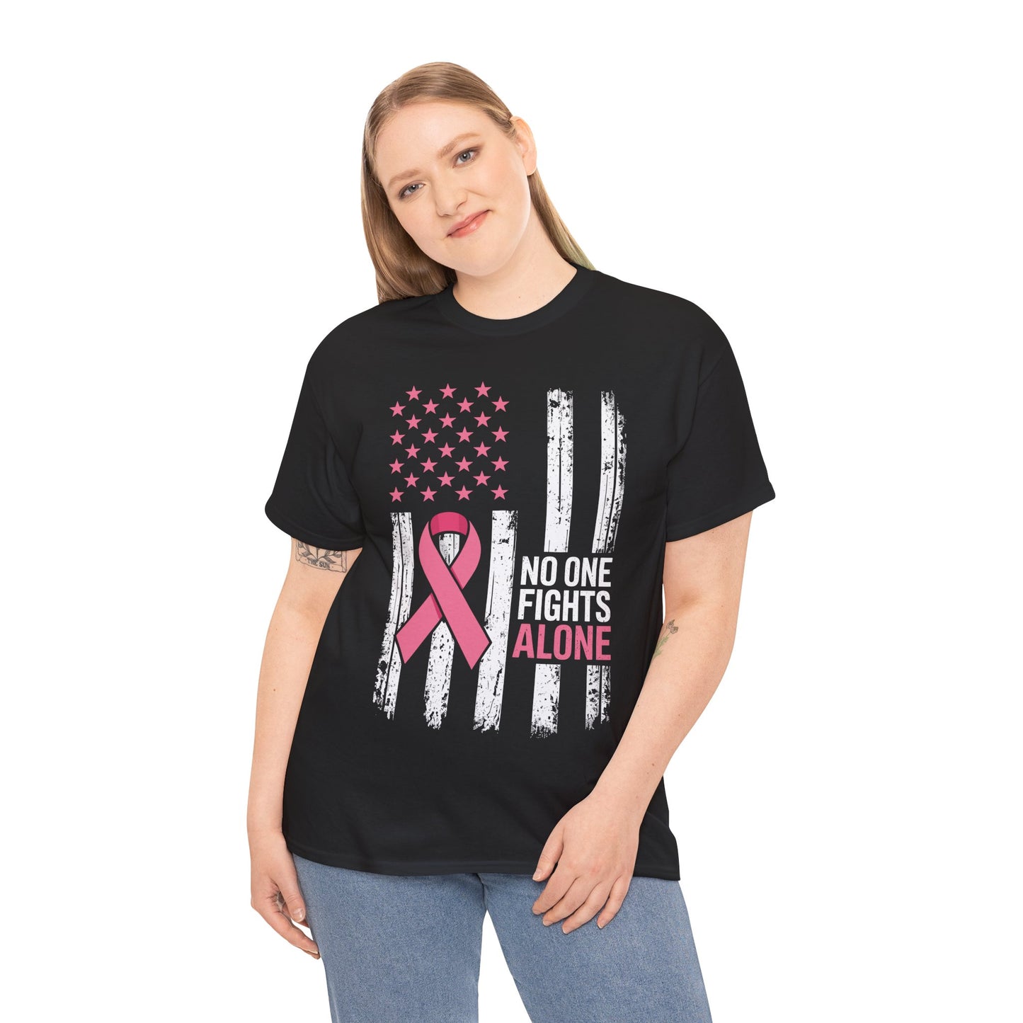 No One Fights Breast Cancer Alone American Flag Pink Ribbon T-Shirt