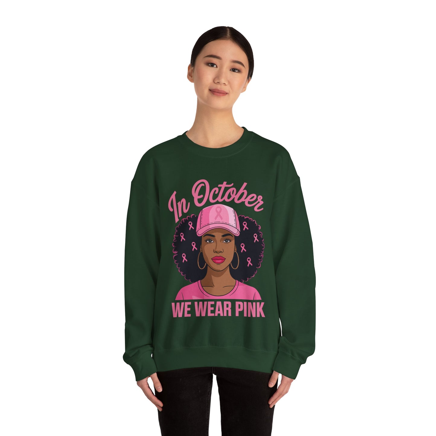 in October We Wear Pink Black Women Breast Cancer Awareness Sweatshirt