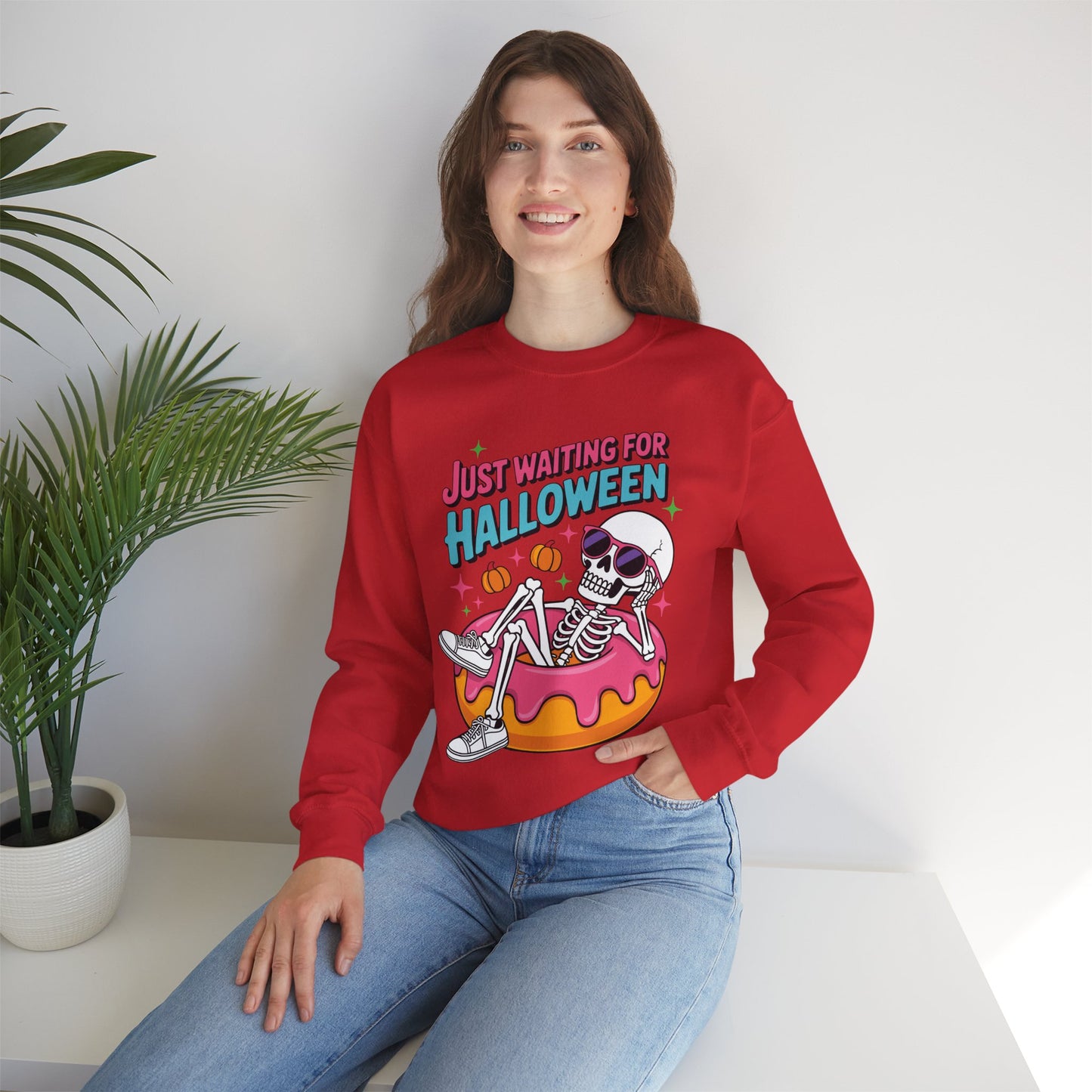 Just Waiting For Halloween Skeleton Donut Summerween Vibes Sweatshirt