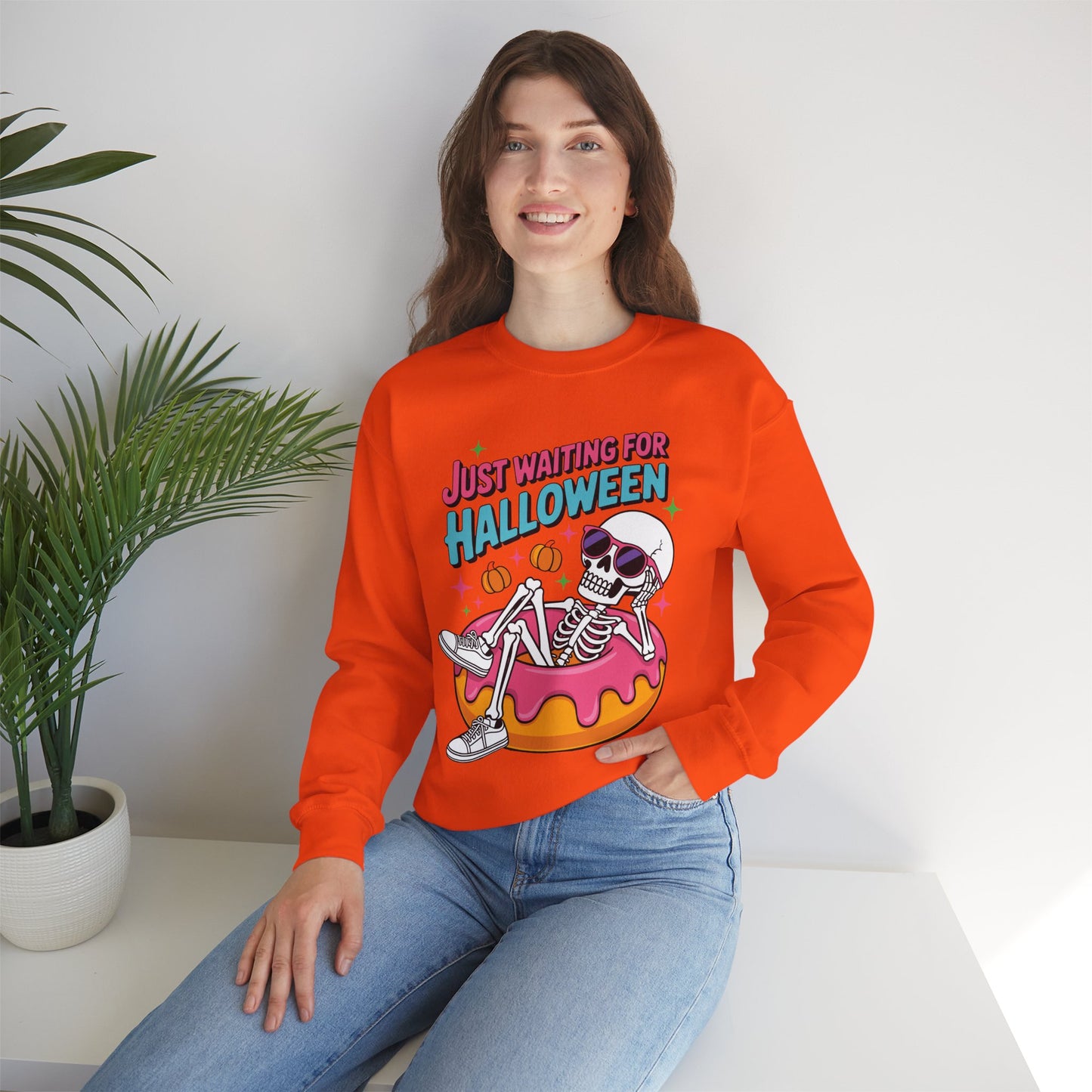 Just Waiting For Halloween Skeleton Donut Summerween Vibes Sweatshirt