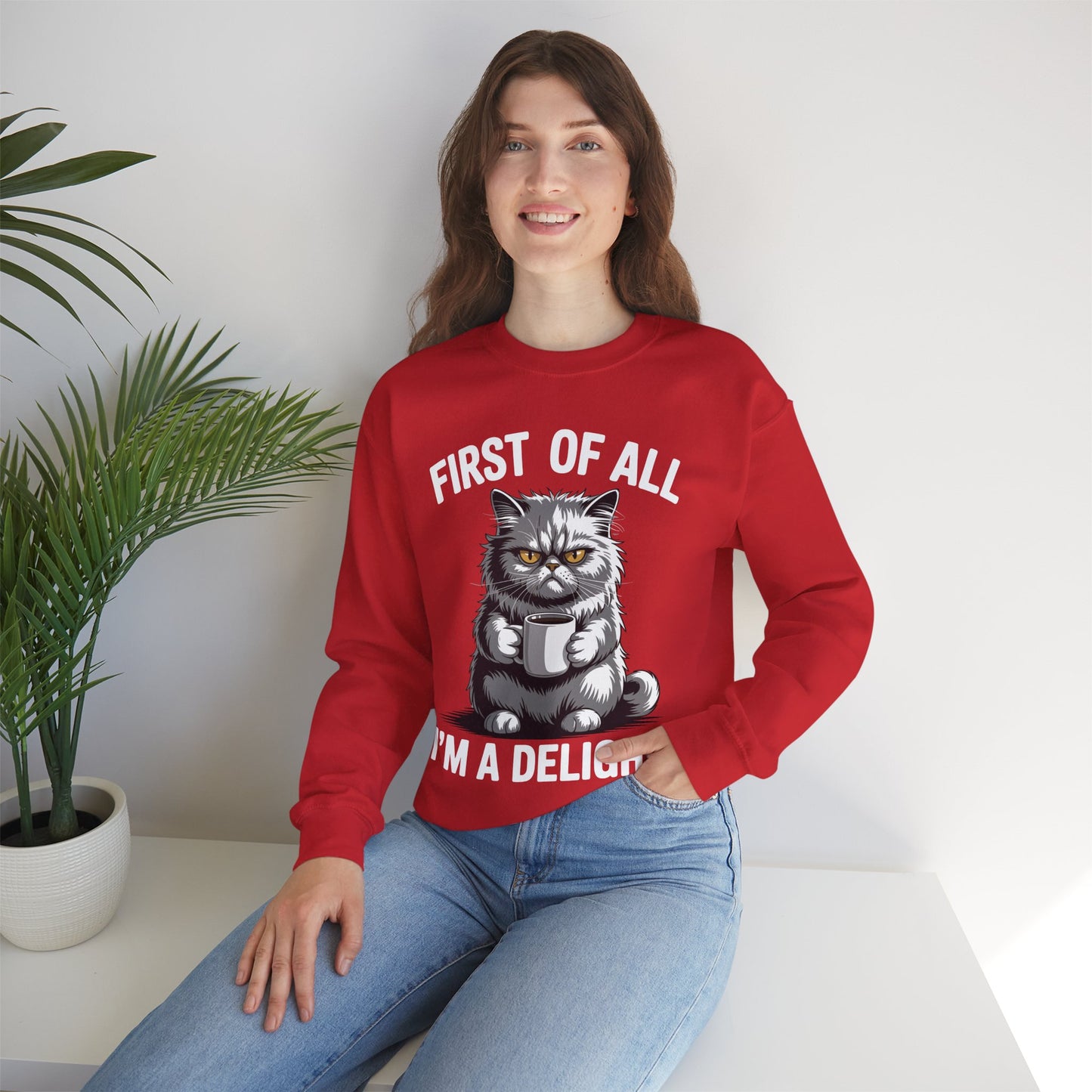 First Of All I'm A Delight Sarcastic Angry Cat Coffee Lover Sweatshirt for Men Women