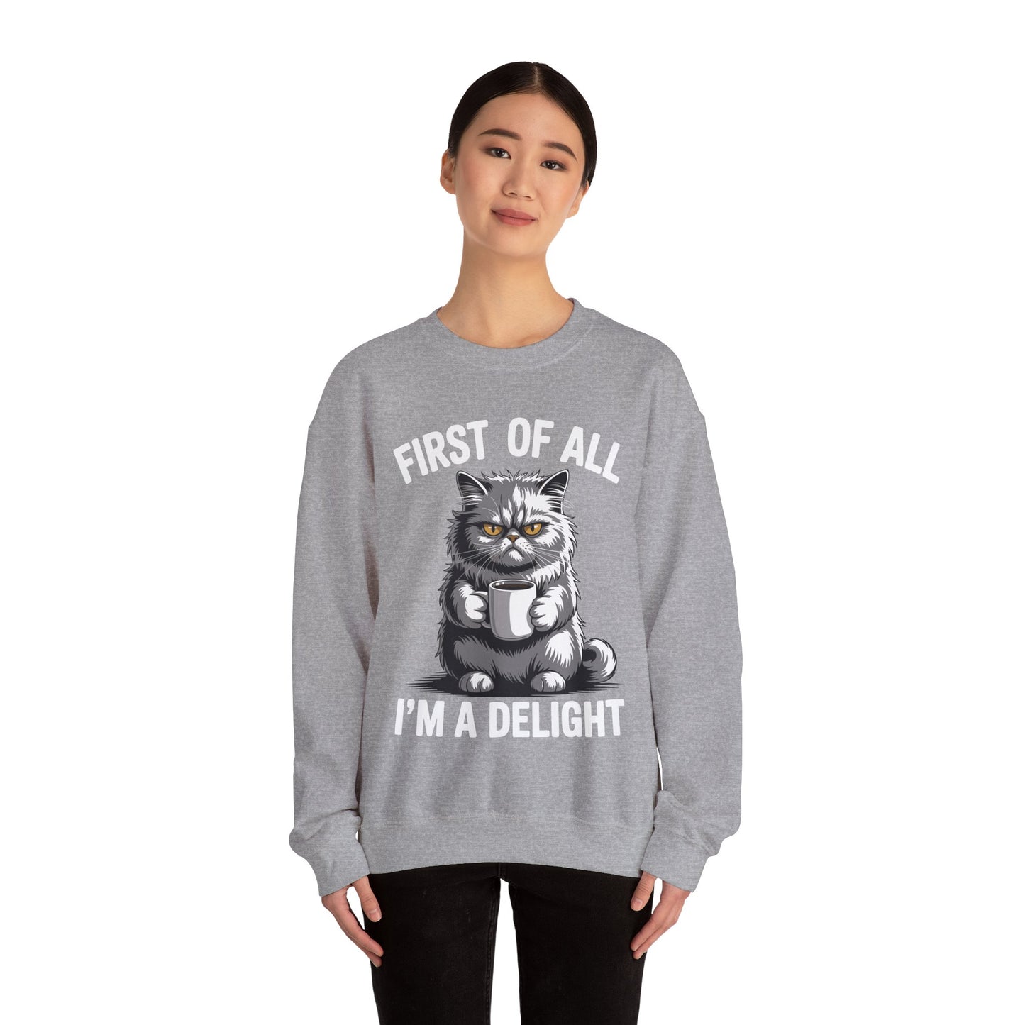First Of All I'm A Delight Sarcastic Angry Cat Coffee Lover Sweatshirt for Men Women