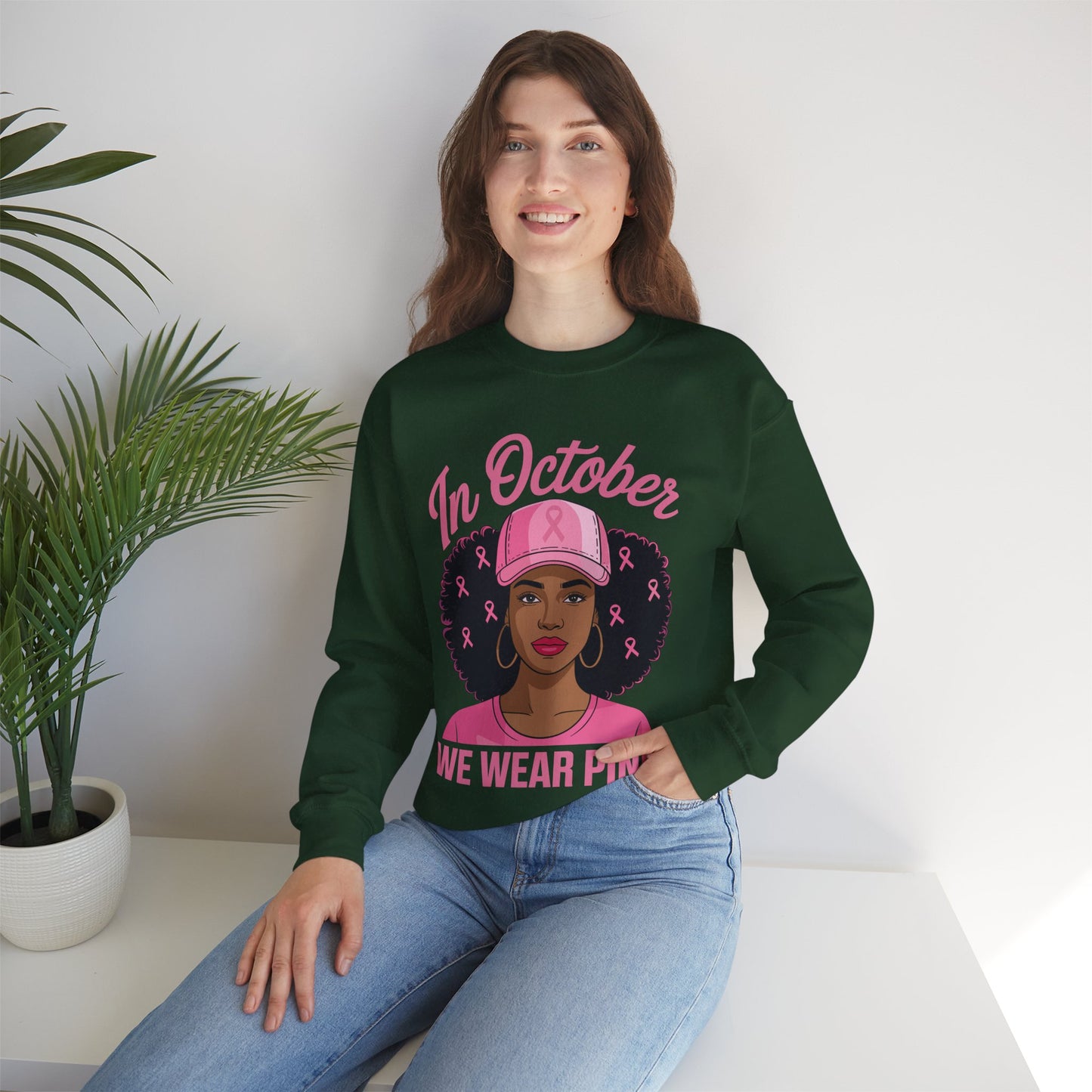 in October We Wear Pink Black Women Breast Cancer Awareness Sweatshirt