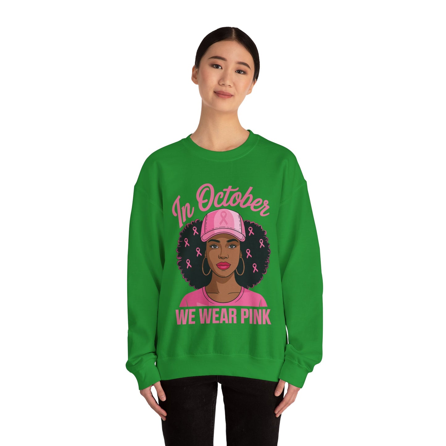 in October We Wear Pink Black Women Breast Cancer Awareness Sweatshirt