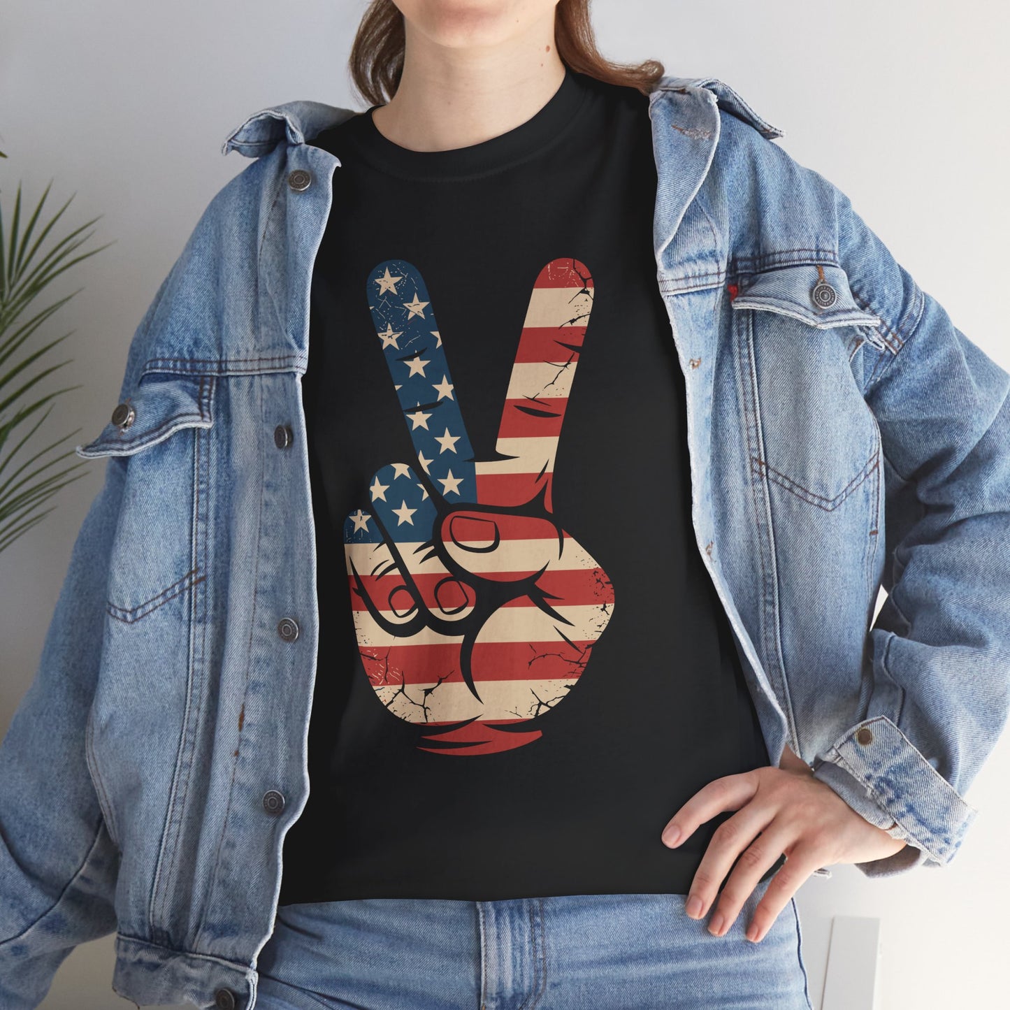 USA Flag Peace Sign Hand 4th of July Patriotic Men Boys T-Shirt