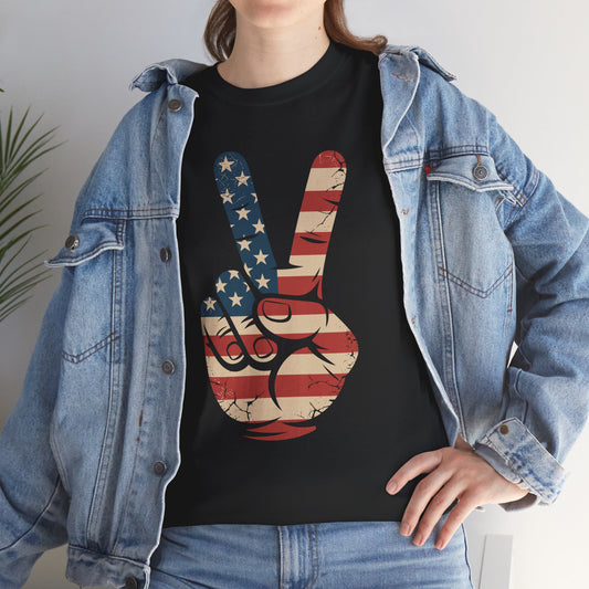 USA Flag Peace Sign Hand 4th of July Patriotic Men Boys T-Shirt