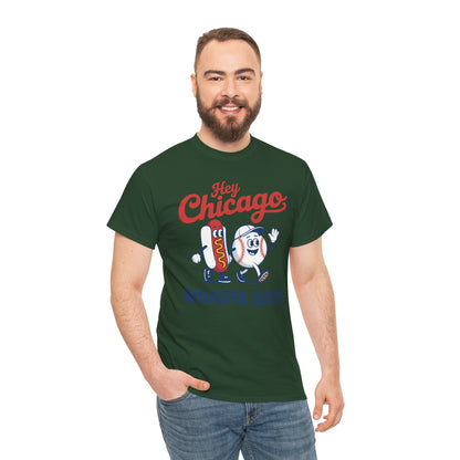 Hey Chicago Whadya Say Baseball and Hot Dog 4th of July Men Women T-Shirt
