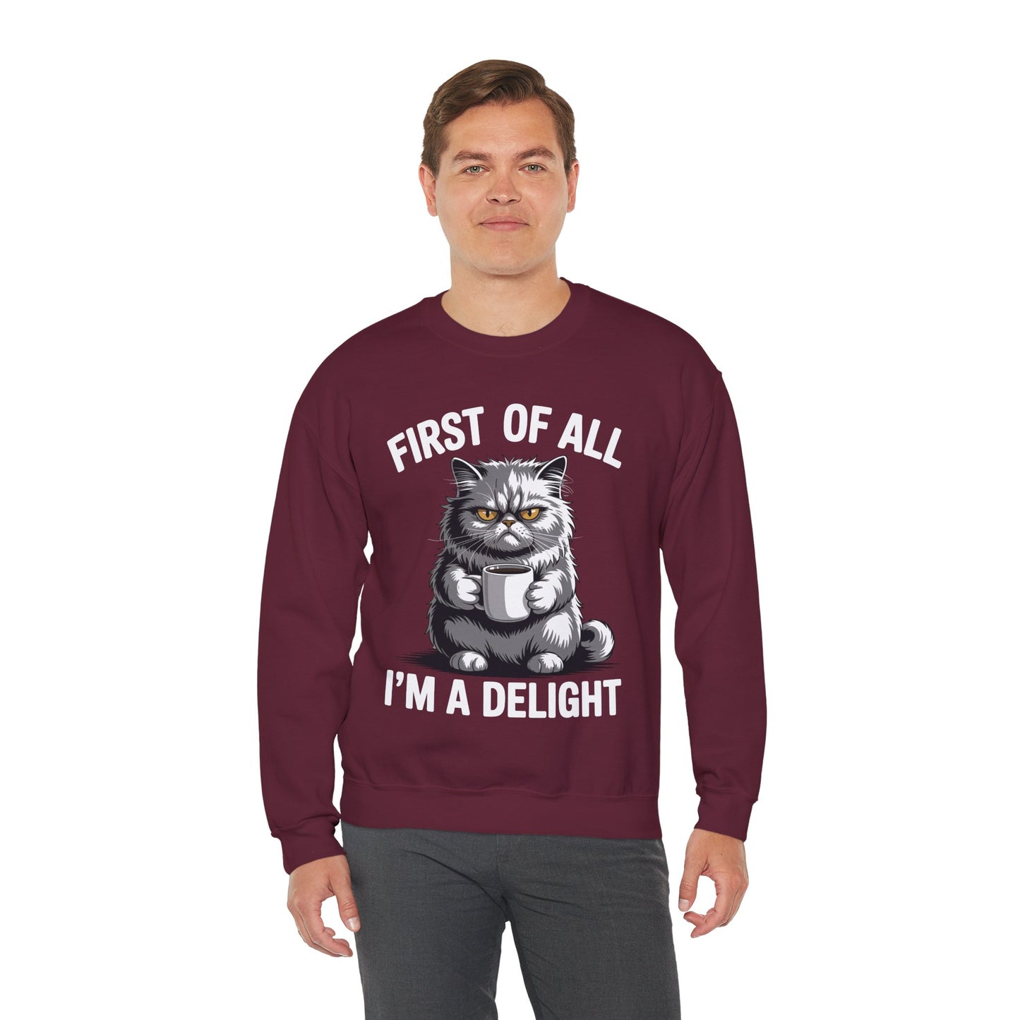 First Of All I'm A Delight Sarcastic Angry Cat Coffee Lover Sweatshirt for Men Women