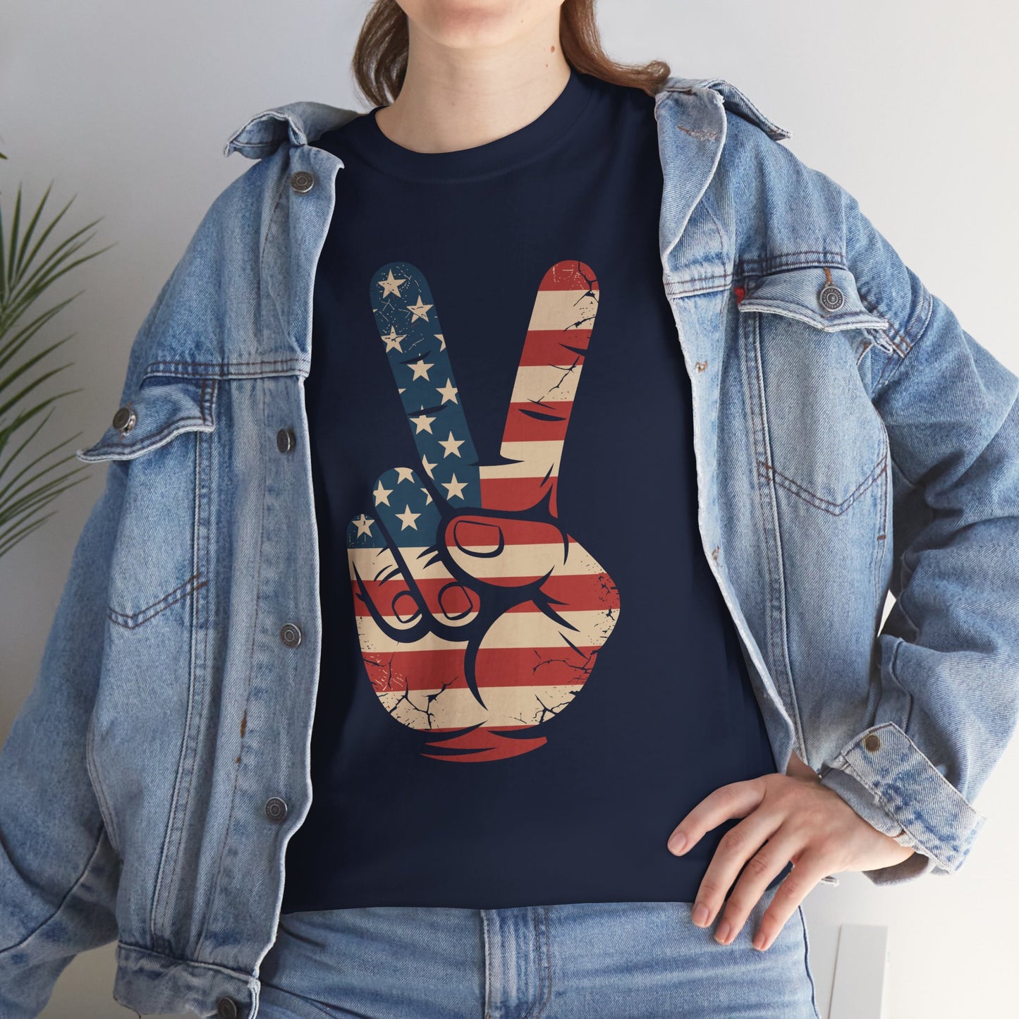 USA Flag Peace Sign Hand 4th of July Patriotic Men Boys T-Shirt