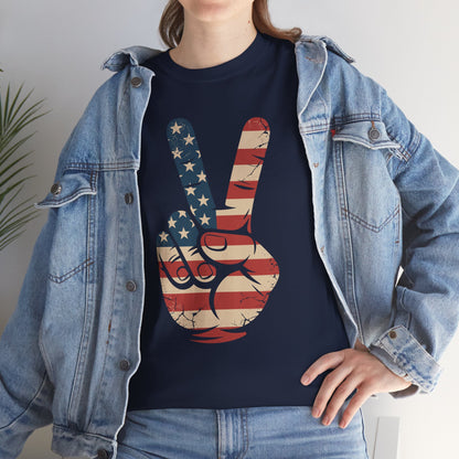 USA Flag Peace Sign Hand 4th of July Patriotic Men Boys T-Shirt